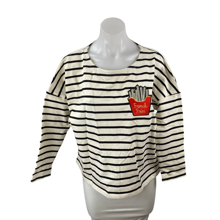 NEW Joanie Women's Black White Striped French Fries Patch Long Sleeve T Shirt S