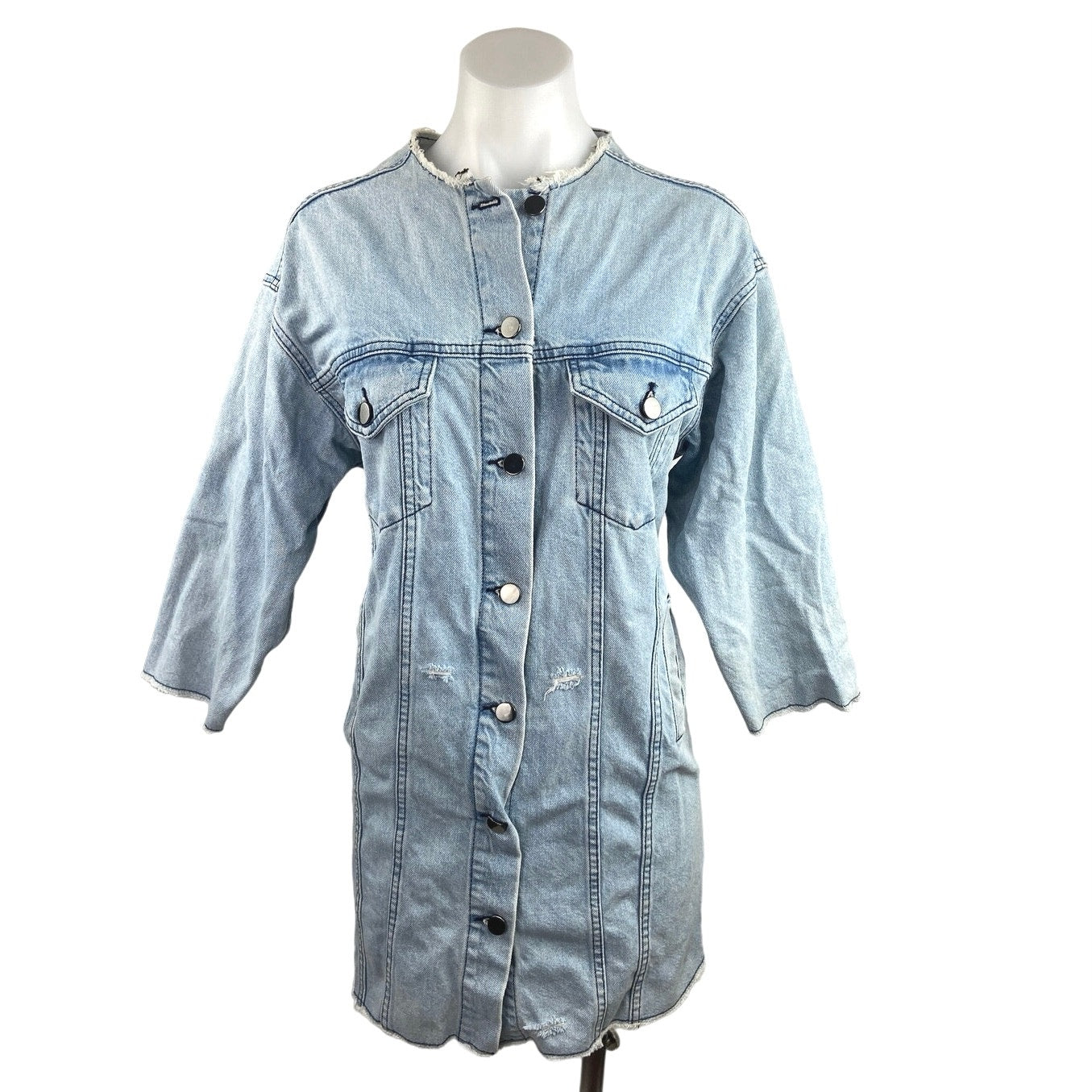 topshop long sleeve denim dress Topshop Blue Denim Long Sleeve Distressed Raw Hem Button Front Shirt Dress Sz 4