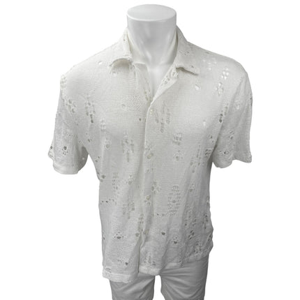 Zara Men's White Eyelet Knit Short Sleeve Button Up Sweater Shirt Top Size L