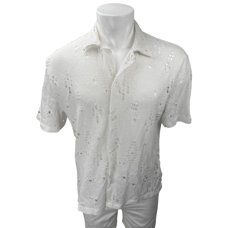 Zara Men's White Eyelet Knit Short Sleeve Button Up Sweater Shirt Top Size L