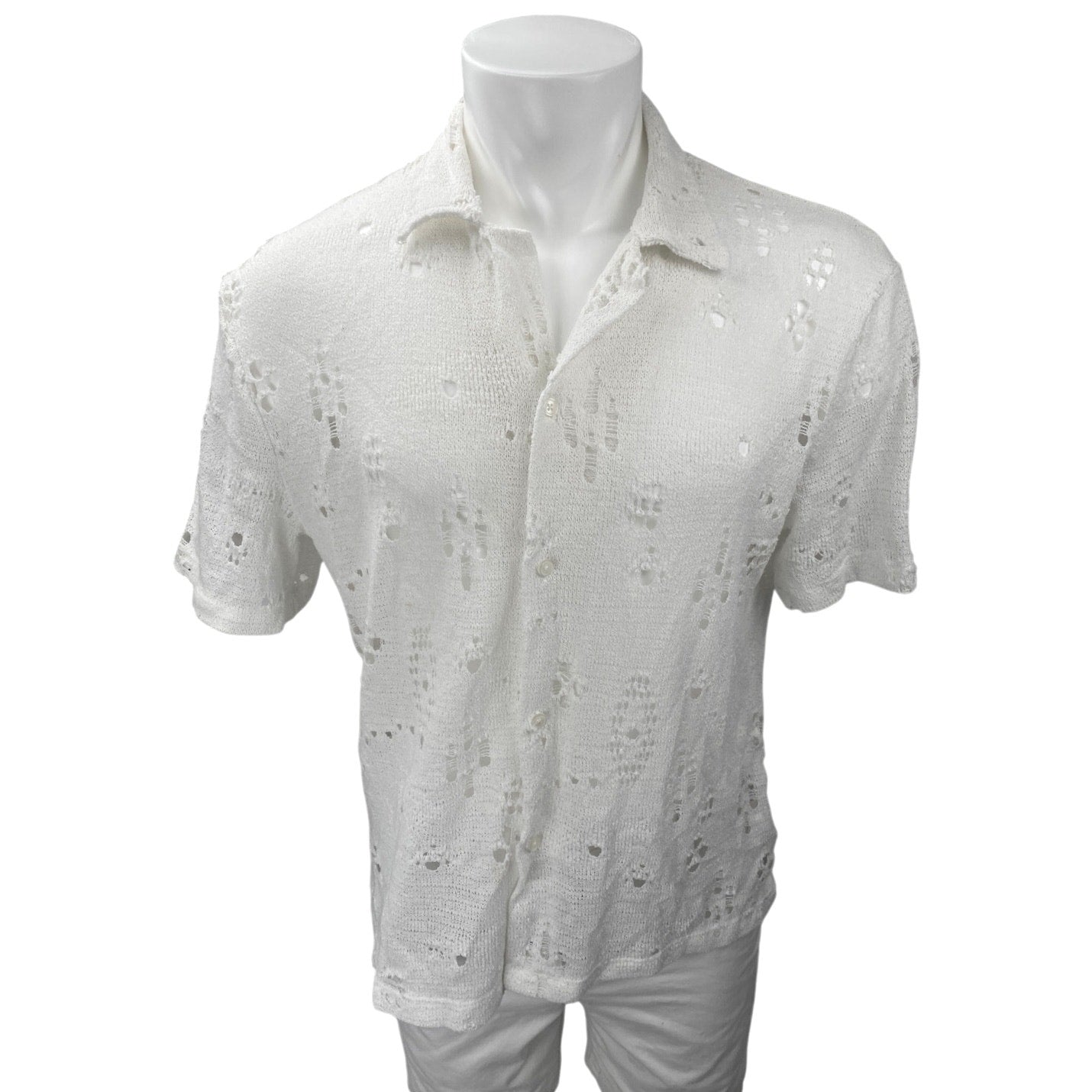 Zara Men's White Eyelet Knit Short Sleeve Button Up Sweater Shirt Top – Brie Zara Men's White Eyelet Knit Short Sleeve Button Up Sweater Shirt Top – Brie