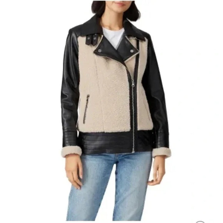 Slate & Willow Aviator Beige Black 100% Leather Sherpa Zip Up Moto Coat Jacket S