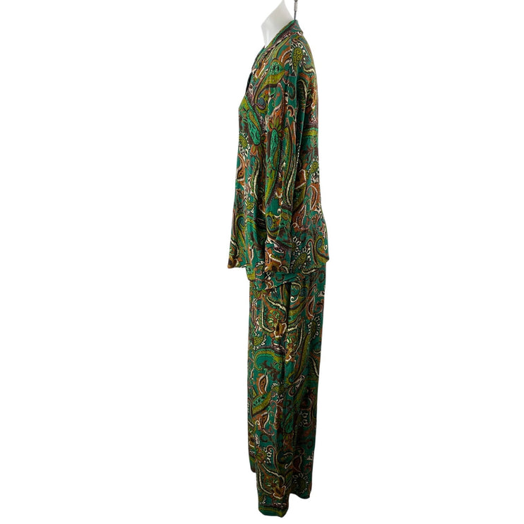 BSL Women's Green Paisley Floral Long Sleeve Button Up Pants 2 Piece Set Size L