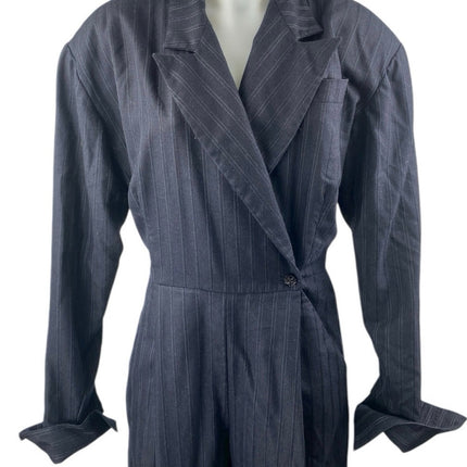 Women's Navy Blue Pinstriped Collared Long Sleeve Wide Leg Blazer Jumpsuit Sz M