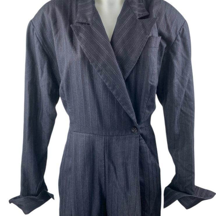 Women's Navy Blue Pinstriped Collared Long Sleeve Wide Leg Blazer Jumpsuit Sz M