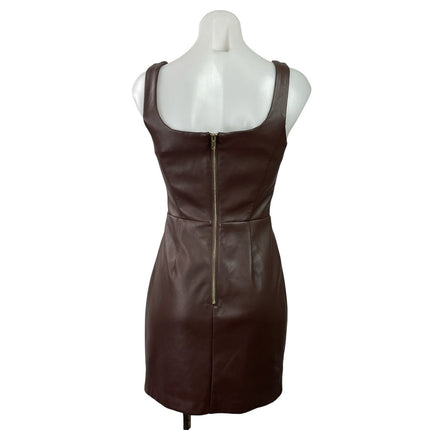 Aqua Brown Faux Vegan Leather Sleeveless Square Neck Zipper Mini Sheath Dress XS