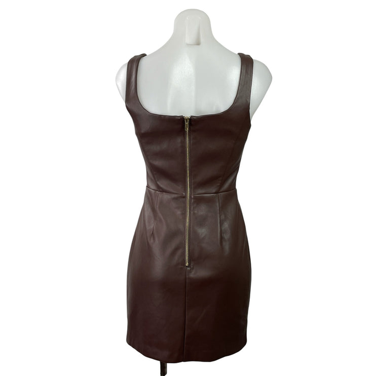 Aqua Brown Faux Vegan Leather Sleeveless Square Neck Zipper Mini Sheath Dress XS