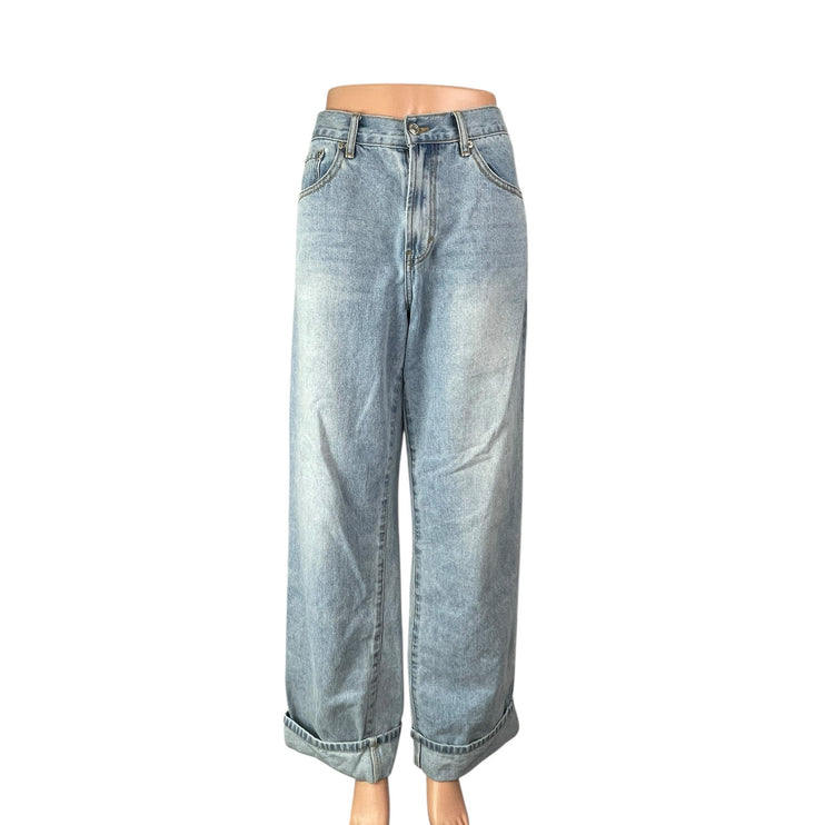 White Fox Women's Blue Light Wash Wide Leg Baggy Loose Fit Denim Jeans Size M