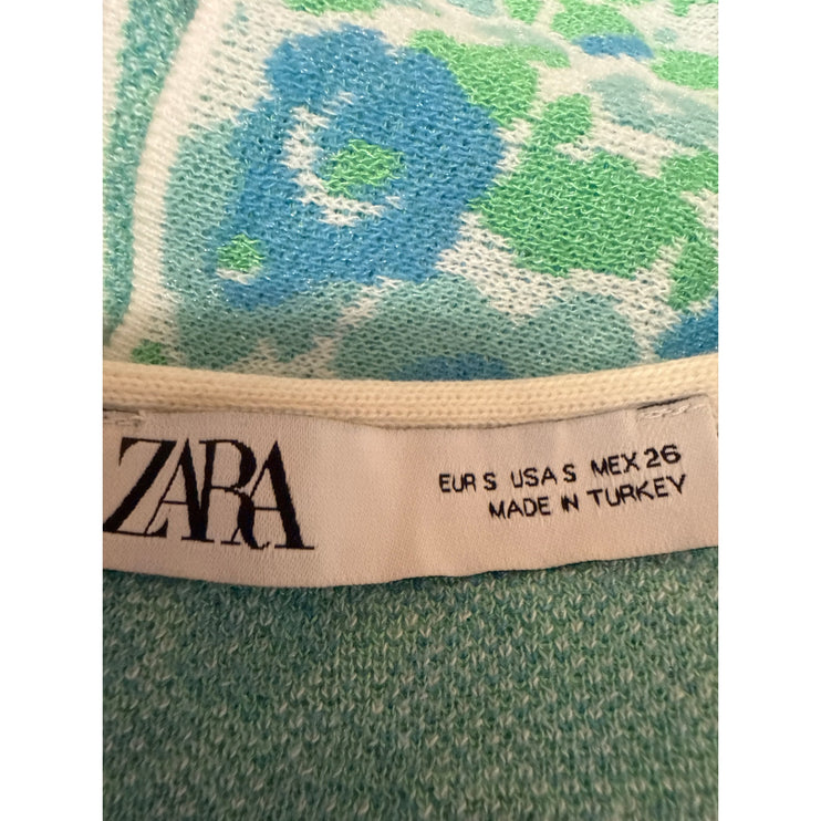 Zara Blue Green Floral Halter Sleeveless Scoop Neck Open Back Crop Top Size S