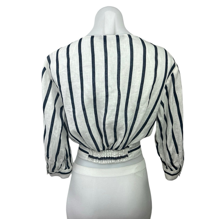 Zara Women's White Striped V-Neck Long Balloon Sleeve Blouse Cropped Top Sz XS