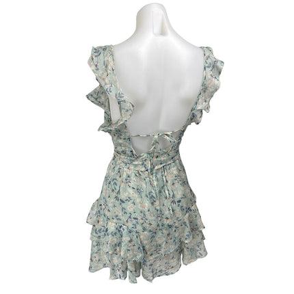 Windsor Romantic Blue Sleeveless Floral Ruffled Chiffon Mini Skater Dress Size S