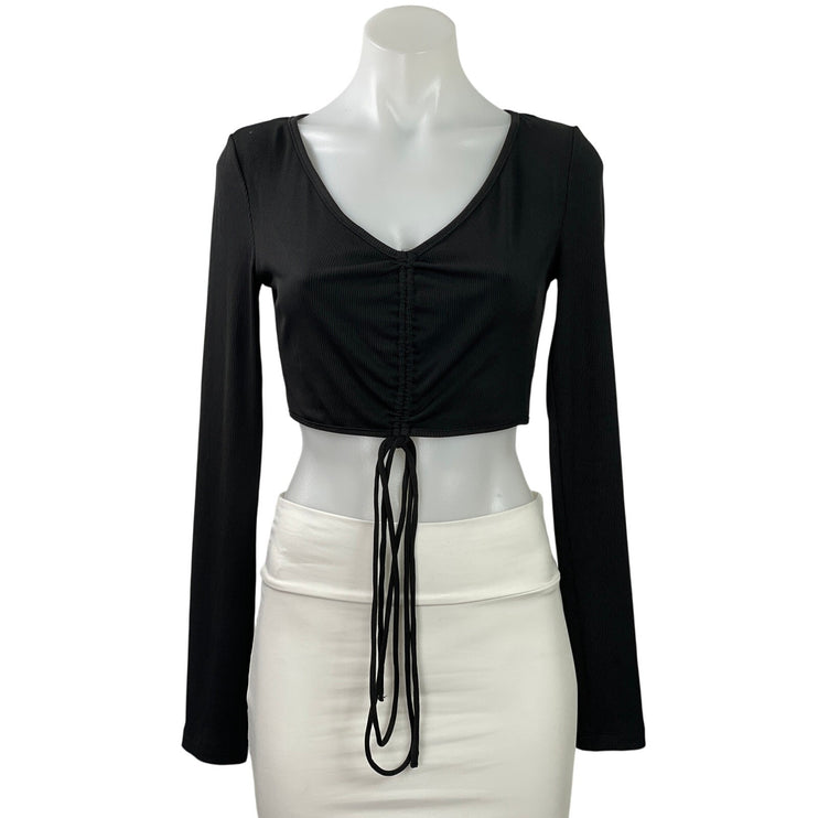Princess Polly Womens Black Ribbed Knit V Neck Long Sleeve Ruched Tie Crop Top 6