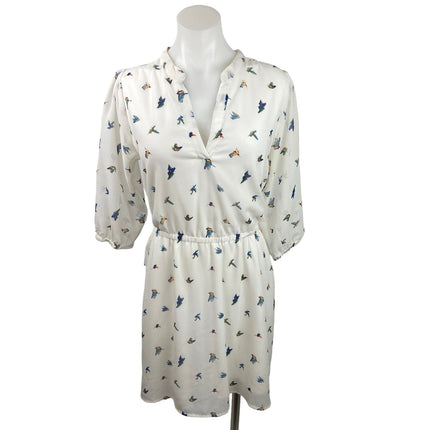 Yumi White Bird Print V-Neck Half Sleeve Elastic Waist Pull On Shirt Dress 6/8