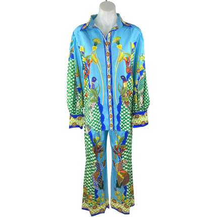 Women's Multicolor Floral Checkered Satin Button Down Shirt & Wde Leg Pants M