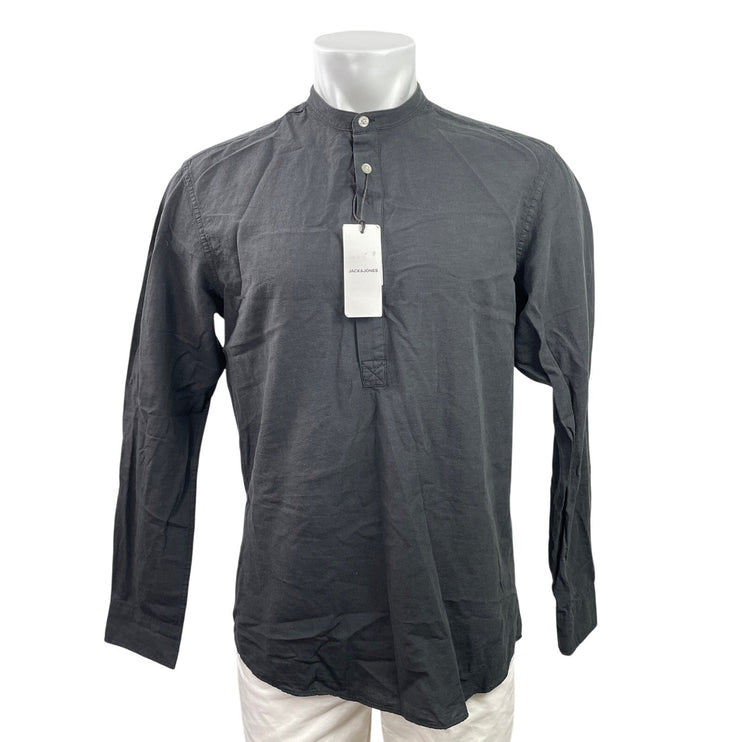 NEW Jack & Jones Men's Black Long Sleeve Collarless Henley Shirt Top Size L