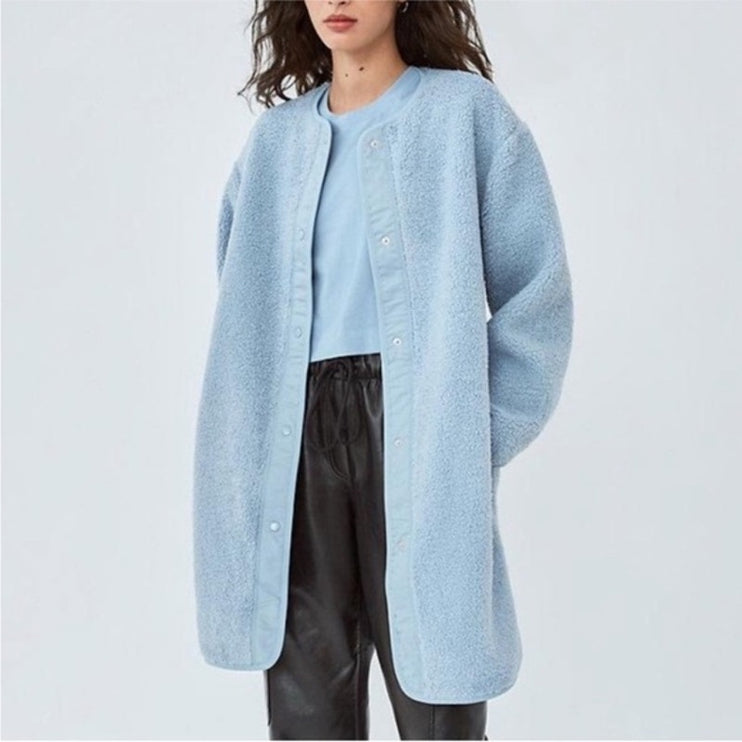 Aritzia Wilfred Free Blue Faux Sherpa Long Sleeve Snap Longline Jacket Size XS