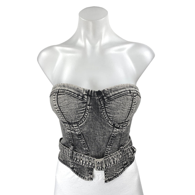 NEW Fashion Nova Black Washed Strapless Bandeau Corset Denim Jean Crop Top XS