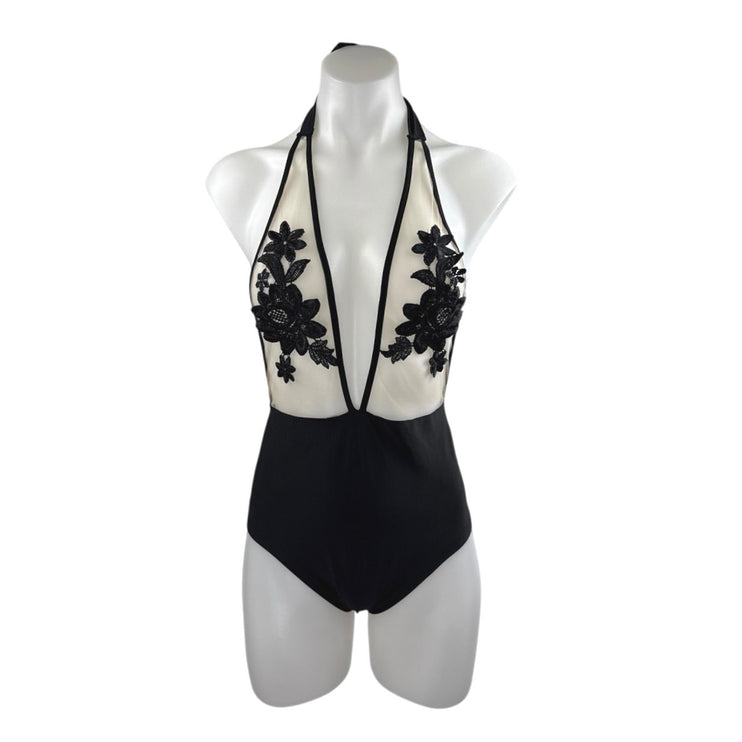 NEW Zaful Black Lace Splicing Halter High Waist One-Piece Swimwear Swimsuit Sz M