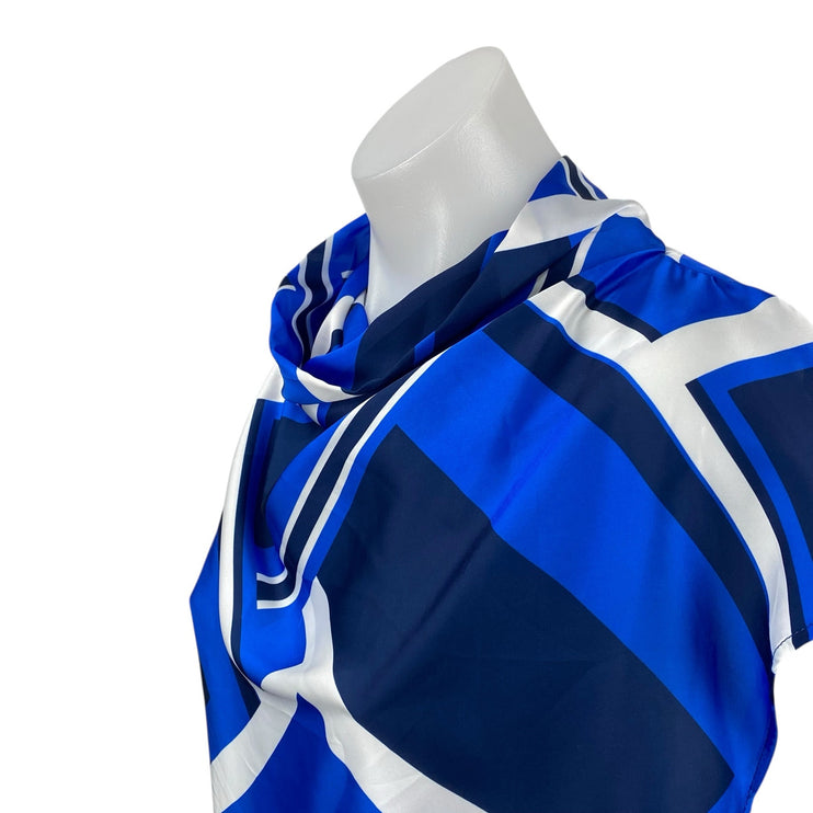 Zara Women's Blue Abstract Geometric Short Sleeve Cowl Neck Blouse Top Size S