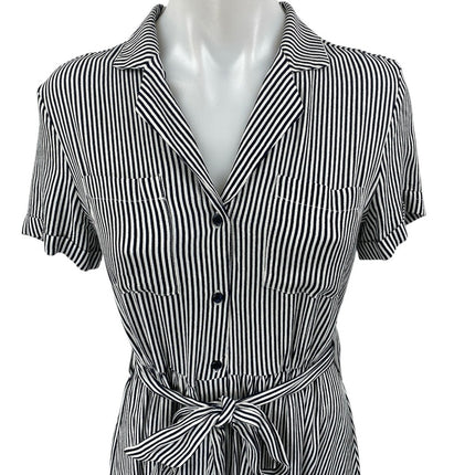 Monoprix Black White Striped Short Sleeve Belted Button Down Midi Shirt Dress 4