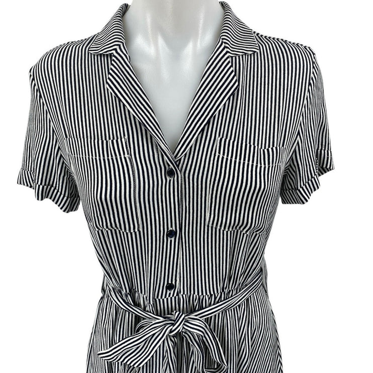 Monoprix Black White Striped Short Sleeve Belted Button Down Midi Shirt Dress 4