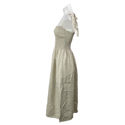 Aritzia Wilfred Golden Hour 100% Linen Beige Smocked Sleeveless Midi Dress Sz M