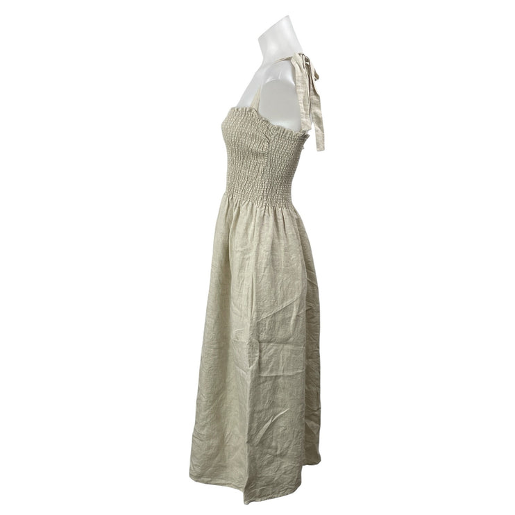 Aritzia Wilfred Golden Hour 100% Linen Beige Smocked Sleeveless Midi Dress Sz M