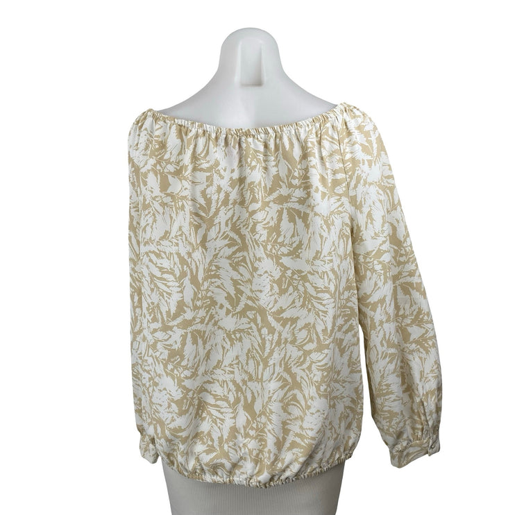 Vince Camuto Beige White Leaf Long Sleeve Scoop Neck Shirt Blouse Top Size L