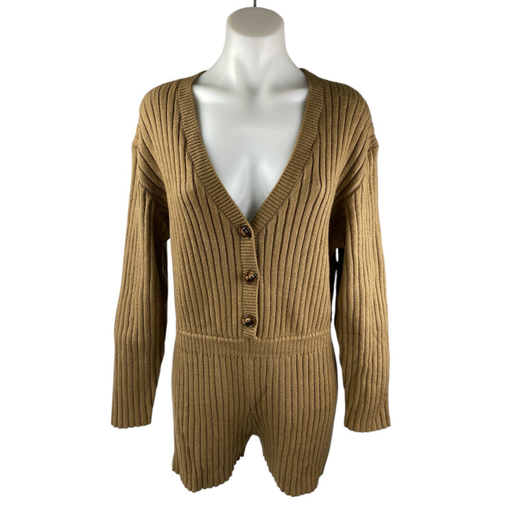 Zara Women's Brown Rib Khit V-Neck Long Sleeve Sweater Jumpsuit Romper Size L