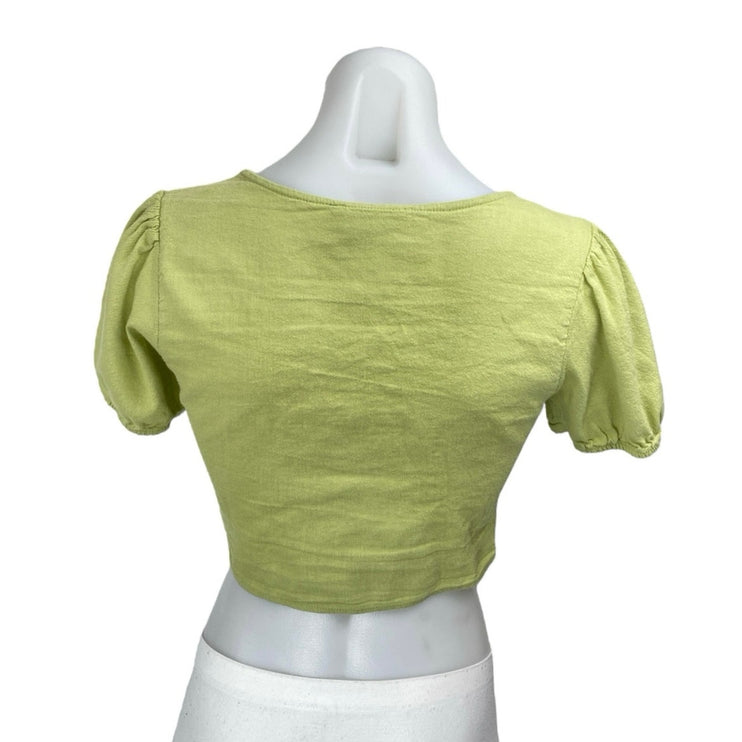 Hollister Women's Green Short Puff Sleeve Deep V Neck Tie Hem Crop Top Size S