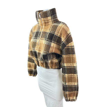 Zaful Beige Plaid Faux Sherpa Fleece Turtleneck Half Zip Cropped Sweater Top M