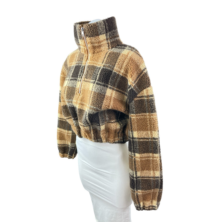 Zaful Beige Plaid Faux Sherpa Fleece Turtleneck Half Zip Cropped Sweater Top M