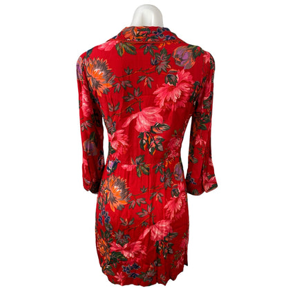 ZARA Women's Red Multicolor Floral 3/4 Sleeve Mini Button Down Shirt Dress Sz XS