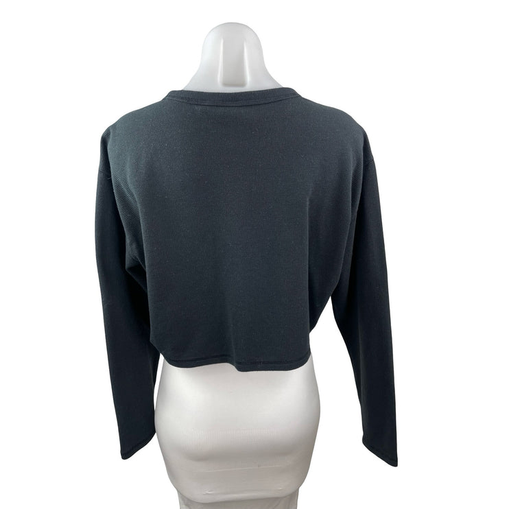 Aritzia Sunday Best Black Waffle Knit Thermal Long Sleeve Crop Sweater Top Sz M