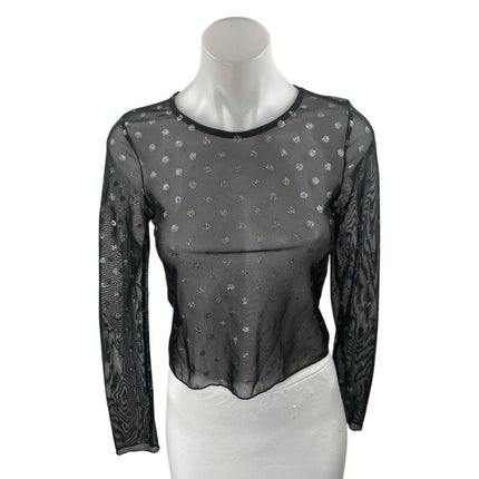 Topshop Black Mesh Glitter Polka Dot Long Sleeve Sheer Crop Cover Up Shirt Top 6