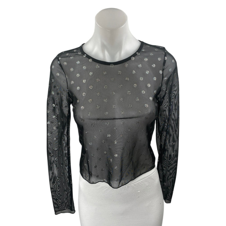 Topshop Black Mesh Glitter Polka Dot Long Sleeve Sheer Crop Cover Up Shirt Top 6