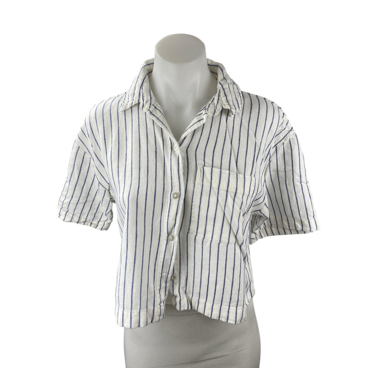 Abercrombie & Fitch White Blue Striped Short Sleeve Cropped Button Up Shirt S