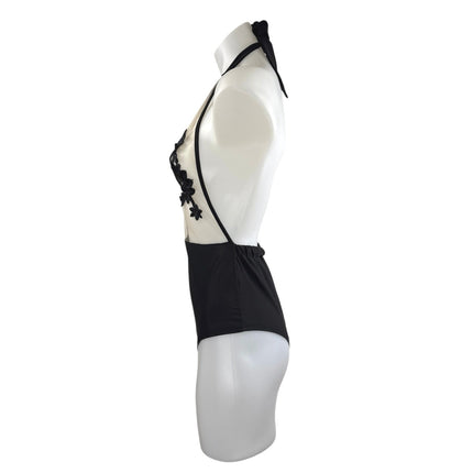 NEW Zaful Black Lace Splicing Halter High Waist One-Piece Swimwear Swimsuit Sz M