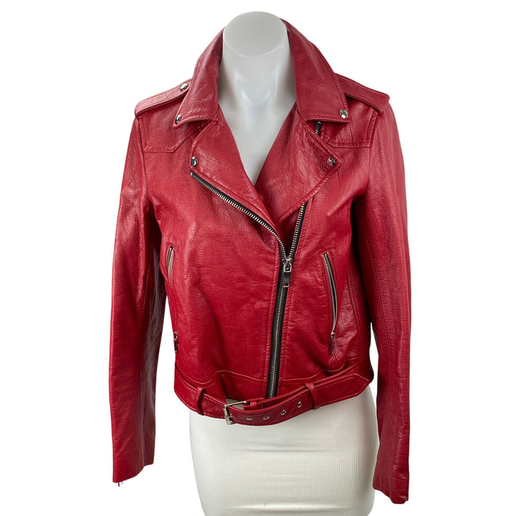 Zara Womens Red Faux Leather Vegan Long Sleeve Full Zip Moto Biker Jacket Size M