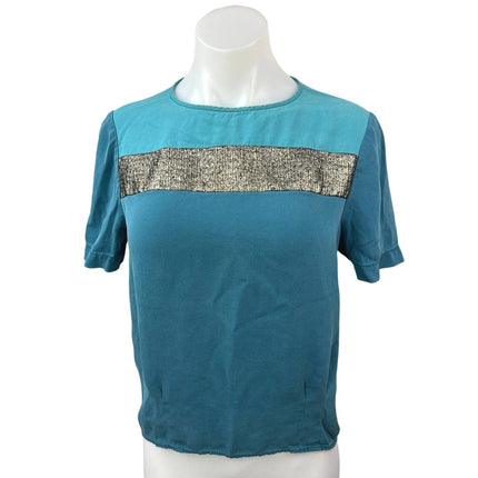 Diane von Furstenberg Blue Metallic 100% Silk Colorblock T Shirt Tee Top Size 8