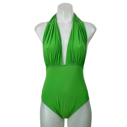 Olivaceous Green Halter Plunging Open Back One Piece Swimsuit Swimwear Size S