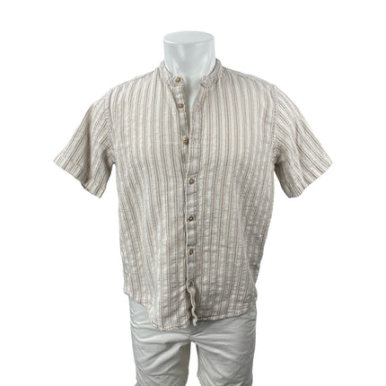 E.T.A Men's Beige Striped Relaxed Fit Short Sleeve Button Down Shirt Top Size M