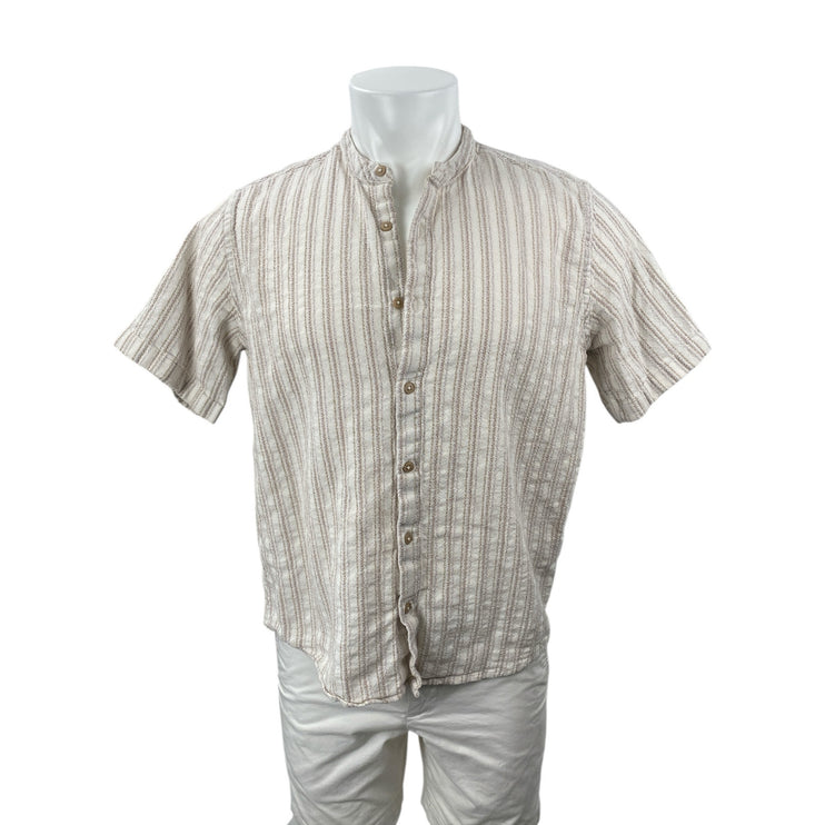 E.T.A Men's Beige Striped Relaxed Fit Short Sleeve Button Down Shirt Top Size M
