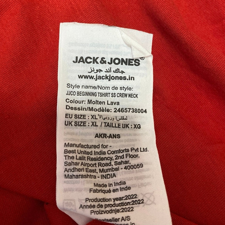Jack & Jones Men's Red Typography Cotton Short Sleeve Crew Tee T-Shirt Top XL