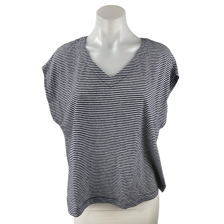 Madewell Black White Linen Striped V Neck Drop Sleeve T Shirt Tee Top Size M
