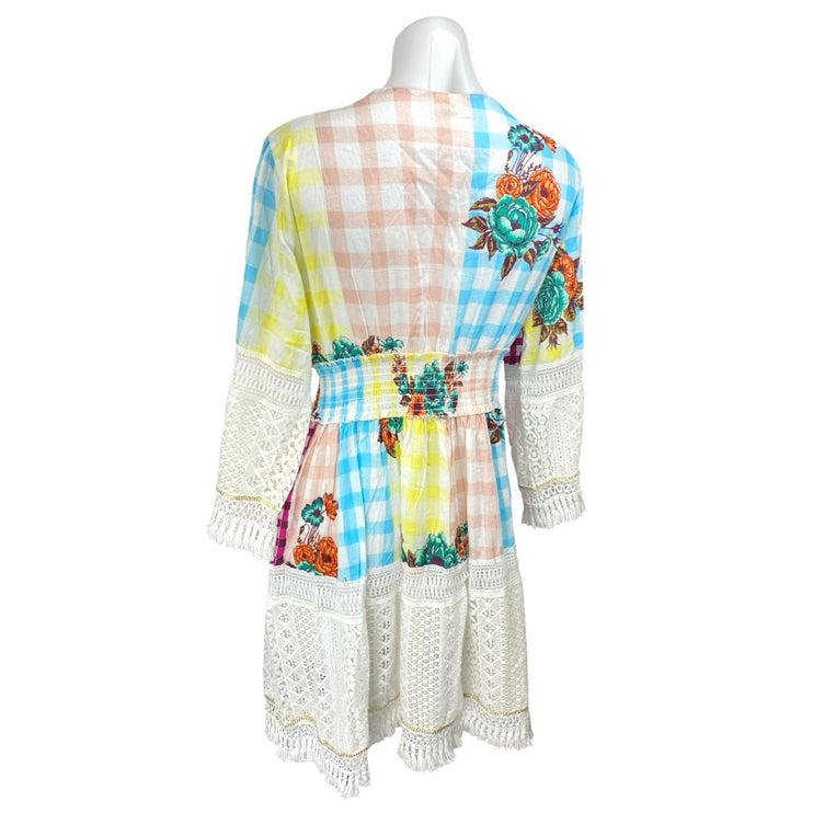 Siya Multicolor Embroidered Sequin Patchworks Checkered Mini A-Line Dress L/XL