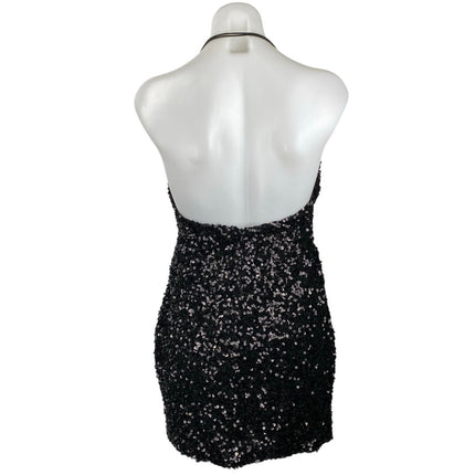 Oh Polly Black Sleeveless Sequin Plunging Halter V-neck Mini Bodycon Dress Sz 6