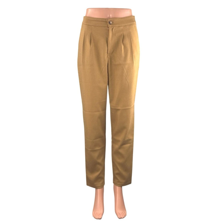 Forever 21 Women's Tan High Rise Pleated Straight Leg Trousers Pants Size S