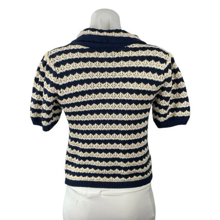 Lush Stripe Crochet Collared Short Sleeve Button Up Shirt Cardigan Sweater Top M