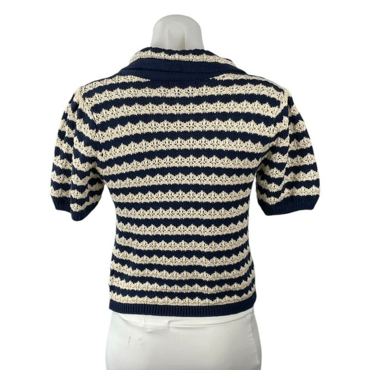 Lush Stripe Crochet Collared Short Sleeve Button Up Shirt Cardigan Sweater Top M